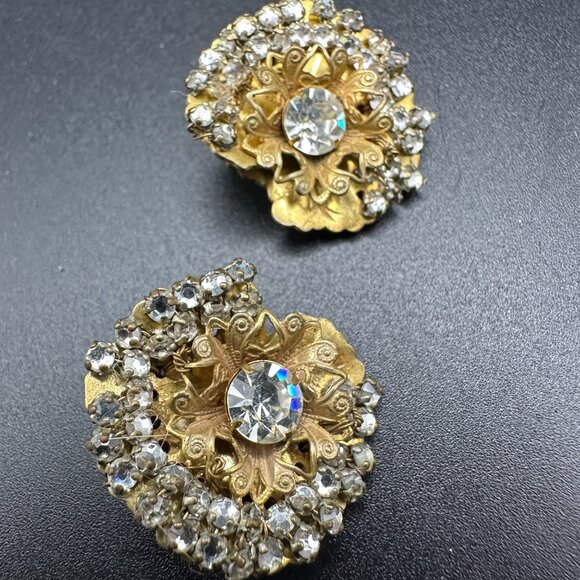 Vintage Signed Miriam Haskell Flower Gold Tone Rhinestone Earrings - Picture 2 of 12